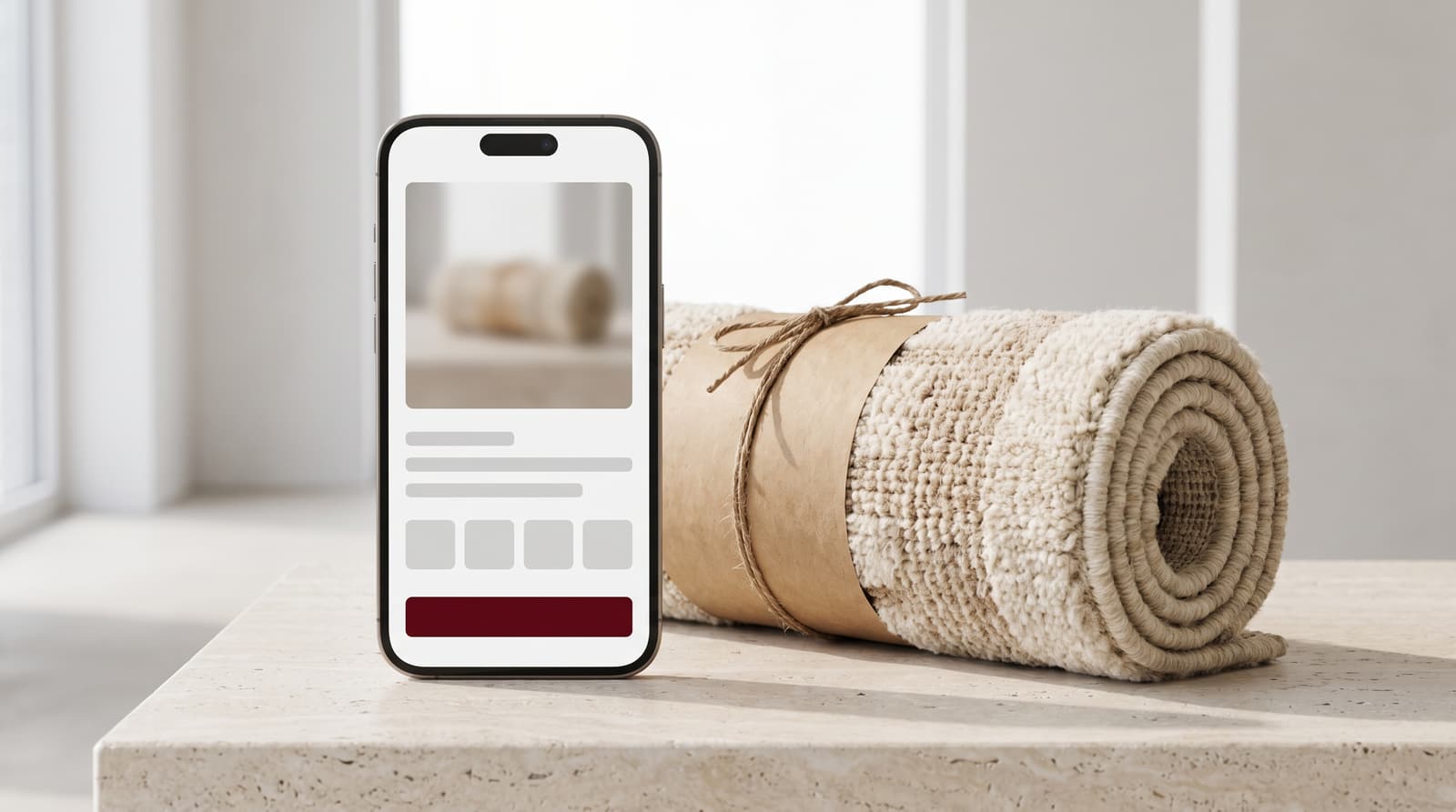 A phone showing a minimal product listing beside the physical product it sells