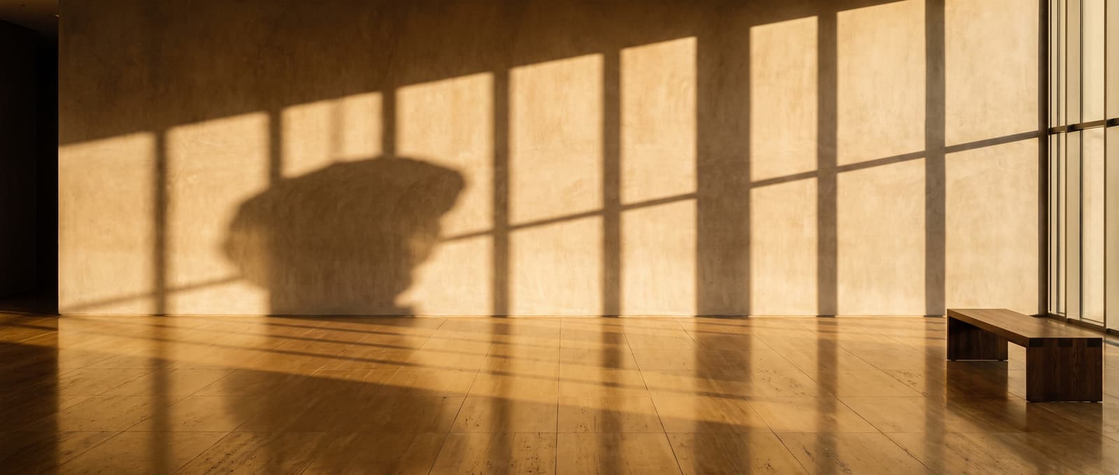 A plaster wall crossed by the long shadow of a window grid in late sun