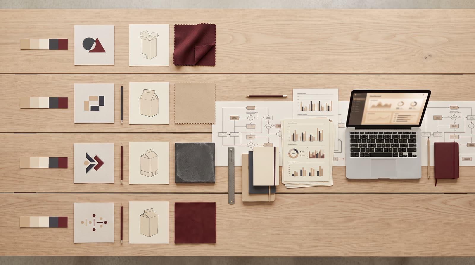 Four separate brand projects laid out over one shared band of systems work
