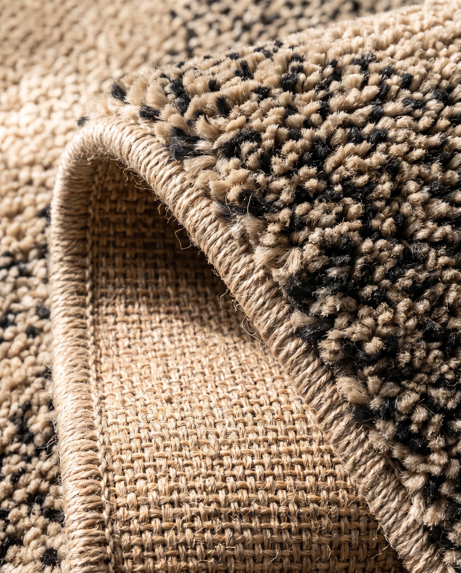 The corner of a rug folded back showing the cut pile and the anti-slip woven backing