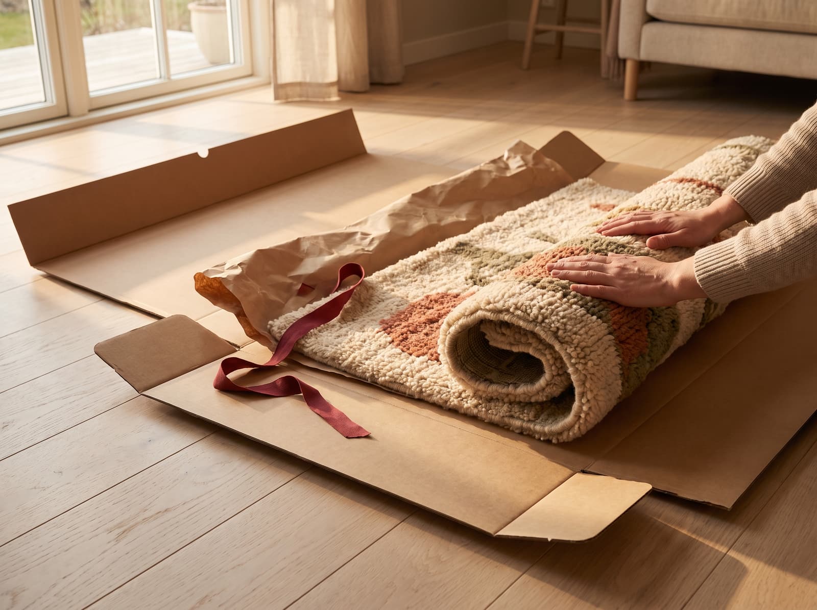 A rug half unrolled from an opened kraft carton on an oak floor