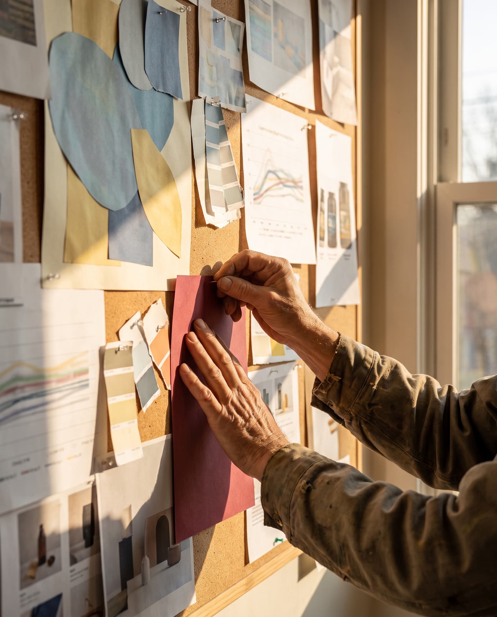 Hands pinning a new concept sheet onto a dense working wall