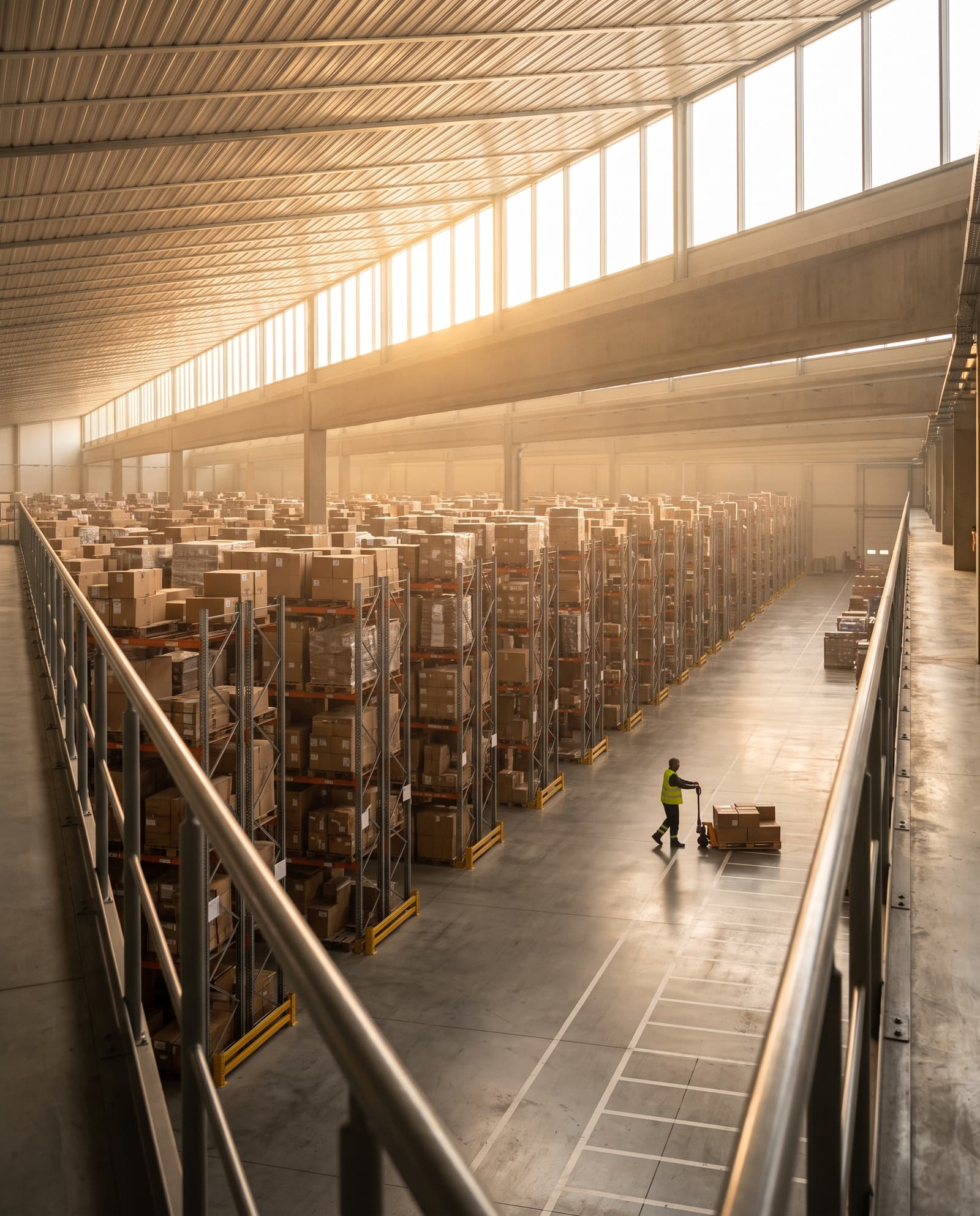 A vast distribution facility seen from above, pallet bays receding in perspective