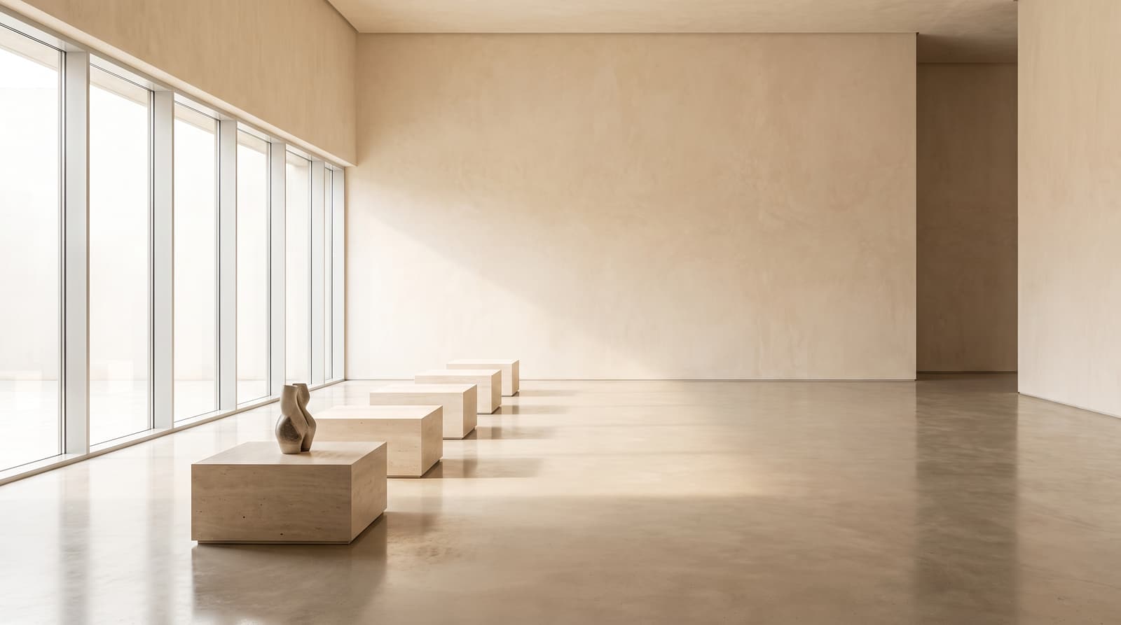 A large empty modern interior with a row of empty plinths and light across the floor