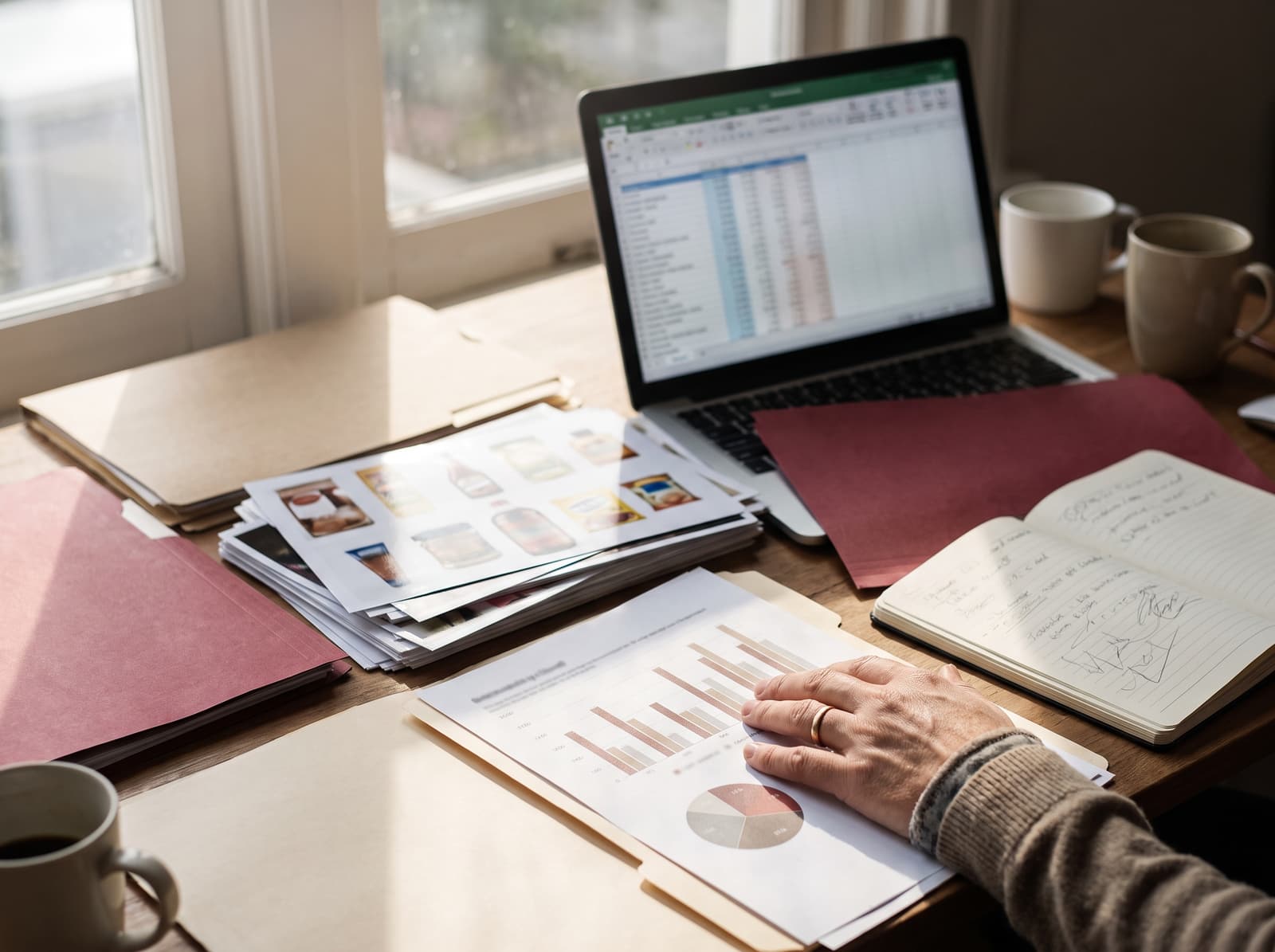 A desk of market research: printed category charts, competitor photos and a laptop