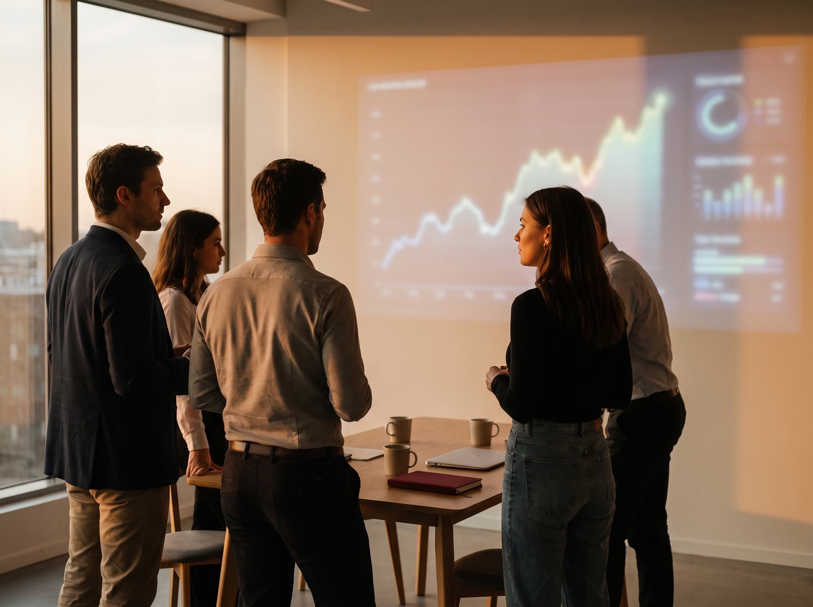 A team gathered in front of a screen showing a live metrics dashboard
